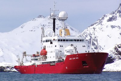 Dartcom HRPT/AHRPT System on the British Antarctic Survey research vessel RRS James Clark Ross, with a radome-enclosed 1.3m active-stabilised antenna (circled)