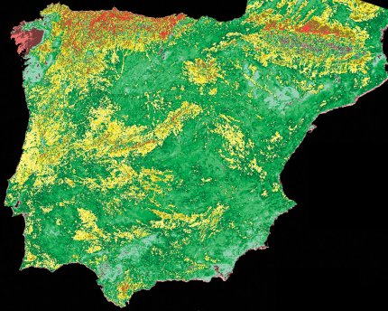 Normalised Difference Vegetation Index (NDVI) product created from a NOAA AVHRR image of Spain and Portugal using the Projection Transformation, Formula Palette and DEM Masking functions of the Dartcom iDAP software