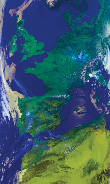 Metop-A AVHRR false colour composite image (channels 1, 2 and 4) showing Europe and northern Africa