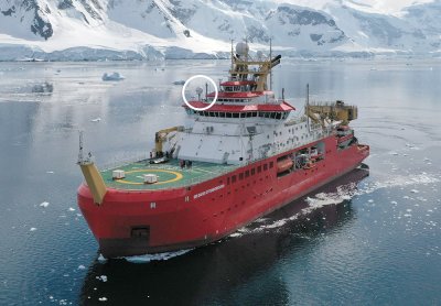 Dartcom Marine X/L-Band EOS System on British Antarctic Survey research ship RRS Sir David Attenborough (antenna circled)