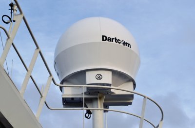 Dartcom 1.5m active-stabilised marine antenna installed on the oceanographic research vessel BAP Carrasco