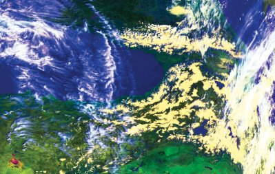 NOAA HRPT false-colour image (channels 1, 2 and 4) showing the Black Sea with snow on the mountains to the east appearing light yellow