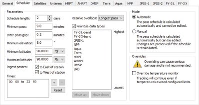 Scheduler tab allowing configuration of pass schedule parameters and mode