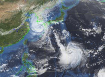 Typhoons Maysak and Haishen in early September 2020, produced from the GK-2A UHRIT 10.5µm infra-red band