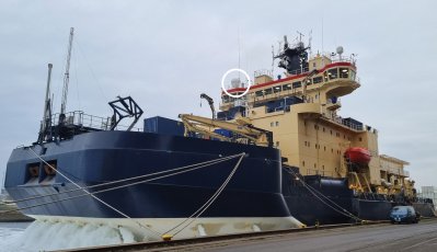 Dartcom Marine X/L-Band EOS System on British Antarctic Survey research ship RRS Sir David Attenborough (antenna circled)