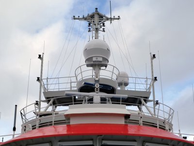 Dartcom 1.5m active-stabilised marine antenna installed on the oceanographic research vessel BAP Carrasco