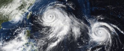 500m visible image with Blue Marble mask showing three simultaneous typhoons (Linfa, Chan-hom and Nangka) on July 9th, 2015