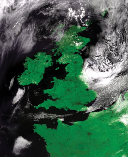 FengYun-3B MERSI 250m resolution false colour composite image showing the UK, Ireland and northern Europe