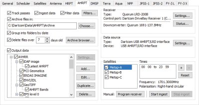 Ingester tab allowing configuration of ingest, archiving and output settings and manual control of receiver