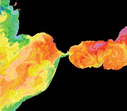 McClain Sea Surface Temperature (MCSST) product created from a NOAA AVHRR image of the Strait of Gibraltar using the Projection Transformation, Formula Palette and DEM Masking functions of the Dartcom iDAP software