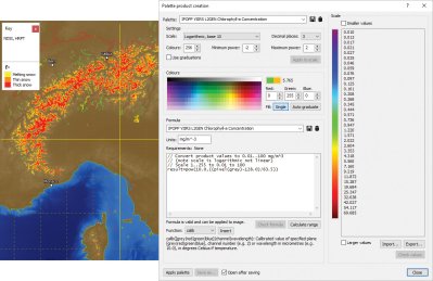 HRPT snow index product with DEM mask and palette product window set up for a logarithmic Chlorophyll-a product