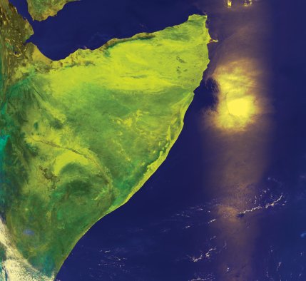 NOAA AVHRR HRPT false colour composite image showing the Horn of Africa with sun glint on a dust plume