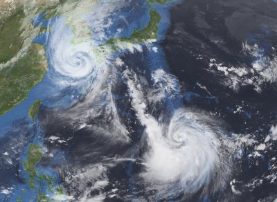 Typhoons Maysak and Haishen in September 2020, produced from the 10.5µm infra-red band with a Blue Marble mask applied using the Dartcom iDAP software